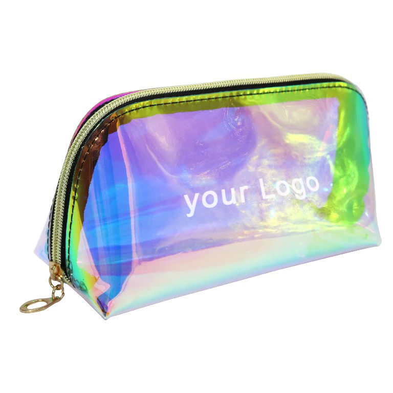 

Customize LOGO Holographic Rainbow PVC Ziplock Plastic Pouch Biodegradable Colorful Cosmetic Makeup Packaging Zipper Bag, Customized