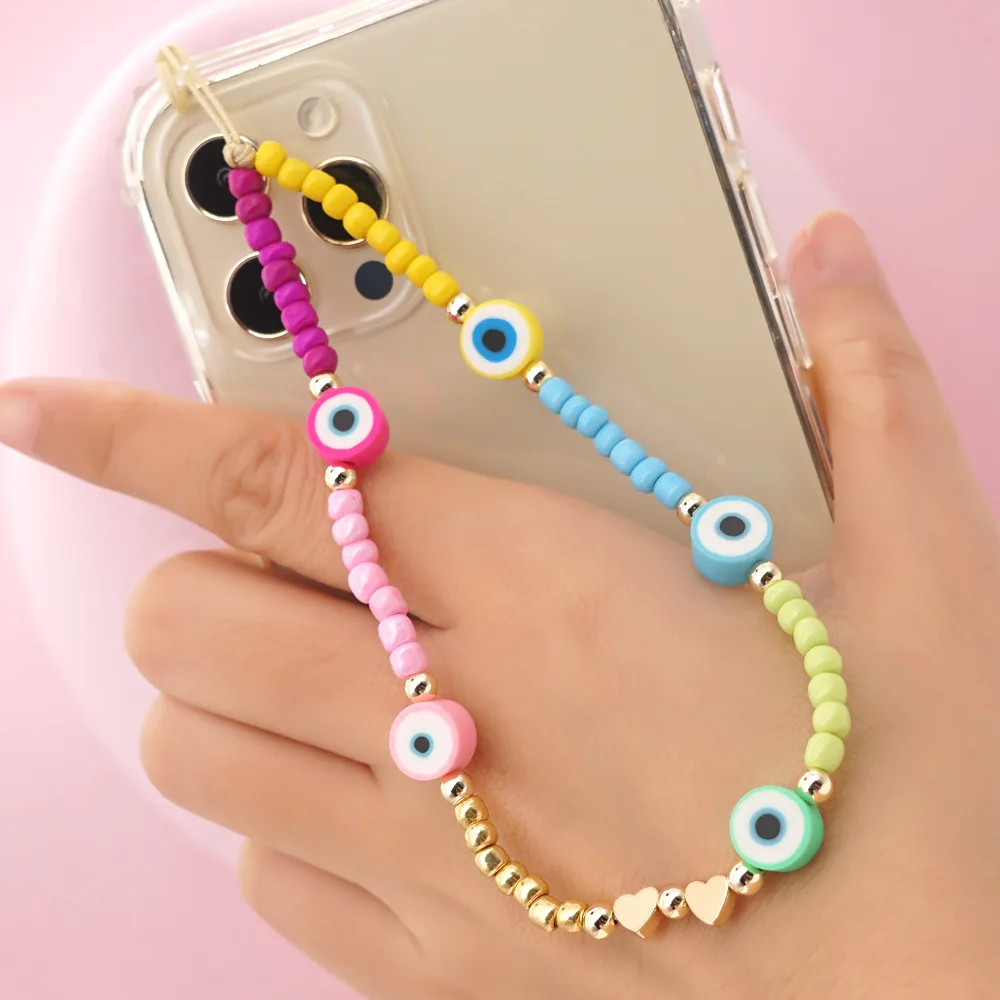

Bohemian Jewelry Women Miyuki Beads Phone Strap Acrylic Eye Evil Cute Fruit Charm Mobile Phone Straps, Colorful