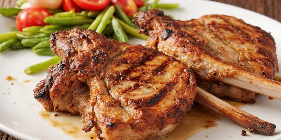 Grilled pork chops sizzling on the grill
