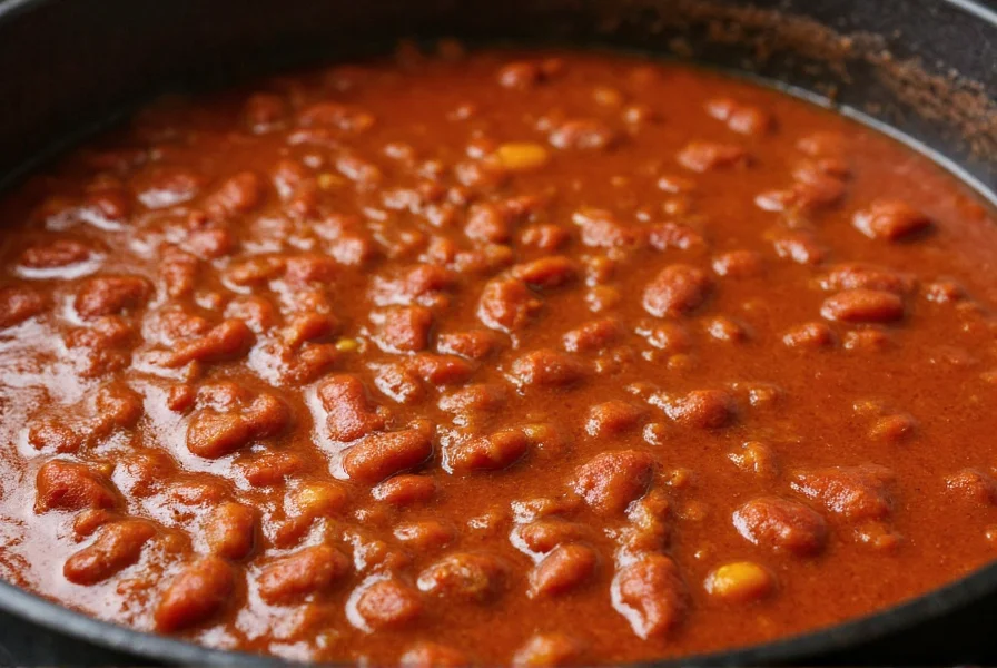 Close-up of homemade chili in cast iron pot showing rich color and texture