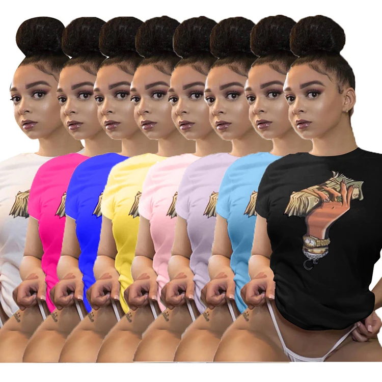 

YT3009 2021 Summer Fashion Women's Simple Round Neck US Dollar Print Short Sleeve T Shirt For Women