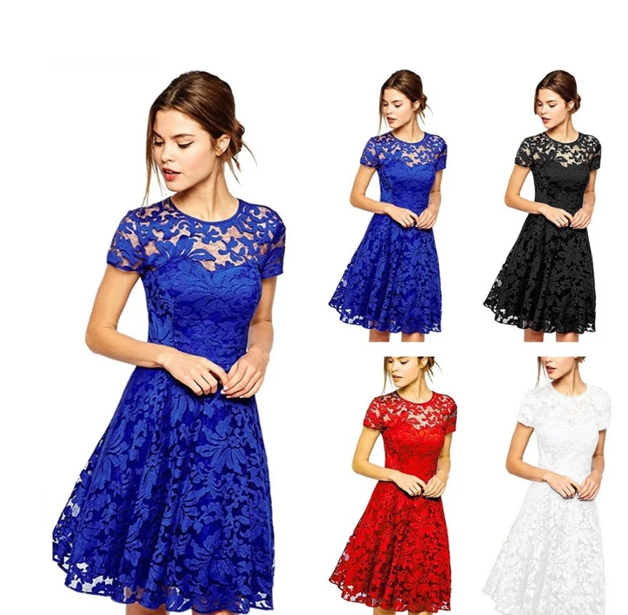 

2022 Summer New Women Casual Solid Color Round Neck Floral Short Sleeved Lace Dress