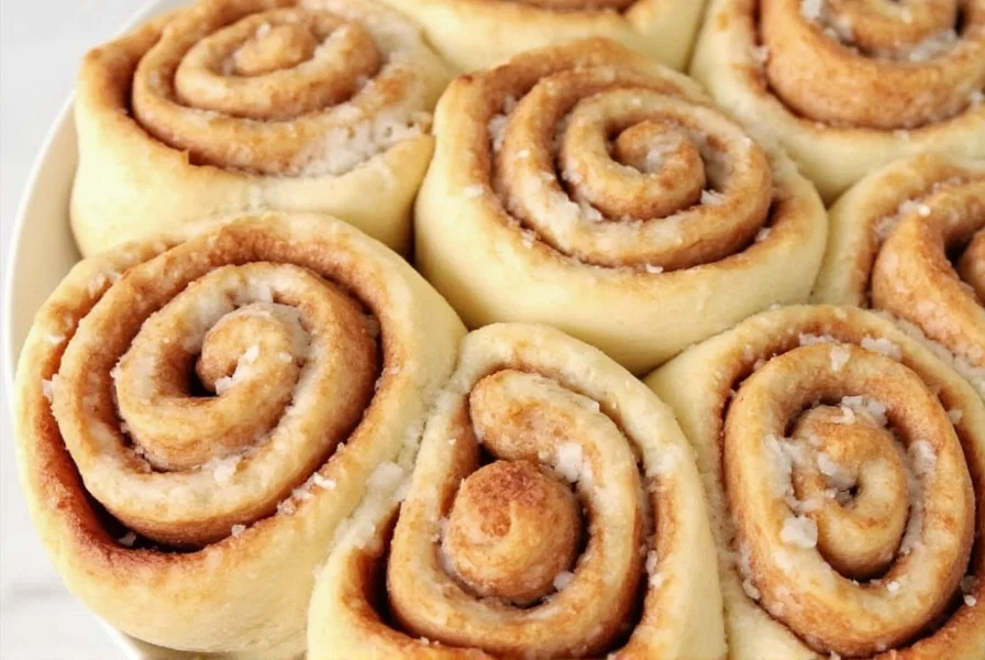 Perfectly baked golden brown cinnamon rolls on a white plate with icing drizzled on top