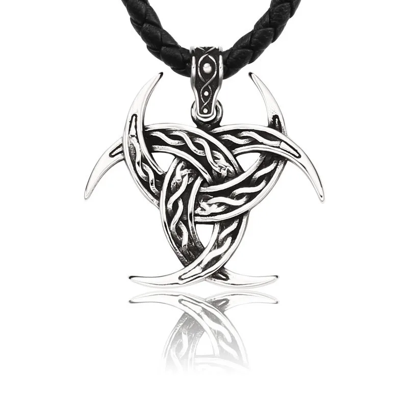 

Celtic Knot Viking Pendant wicca Norse Triple Odin Horns Crescent Moon of Oden Horn Necklace for Men, Picture