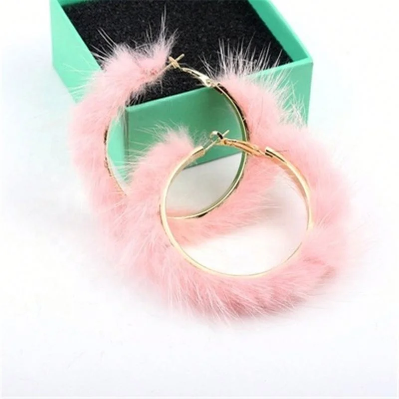 

European Fashion Big Fur Earring Geometric Hollow Round Hoop Earring For Girls, White/red/green/blue/black/gray/pink/khaki