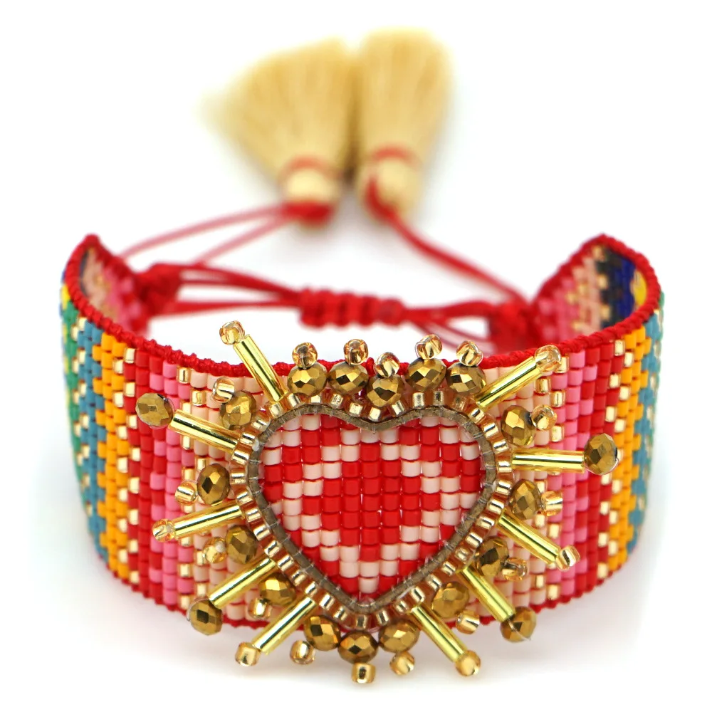 

newest fashion 3D heart MIYUKI Bracelet Turkish Eye Pulseras Tassel Jewelry Handmade Woven Bracelet, As pictures color