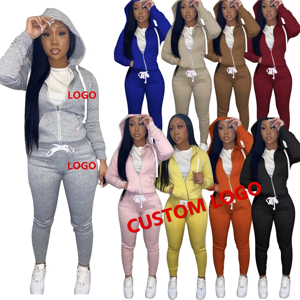 

2021 women Fall winter clothing thick satin pullover drawstring Jogger sweatpants and hoodie set tracksuits for women