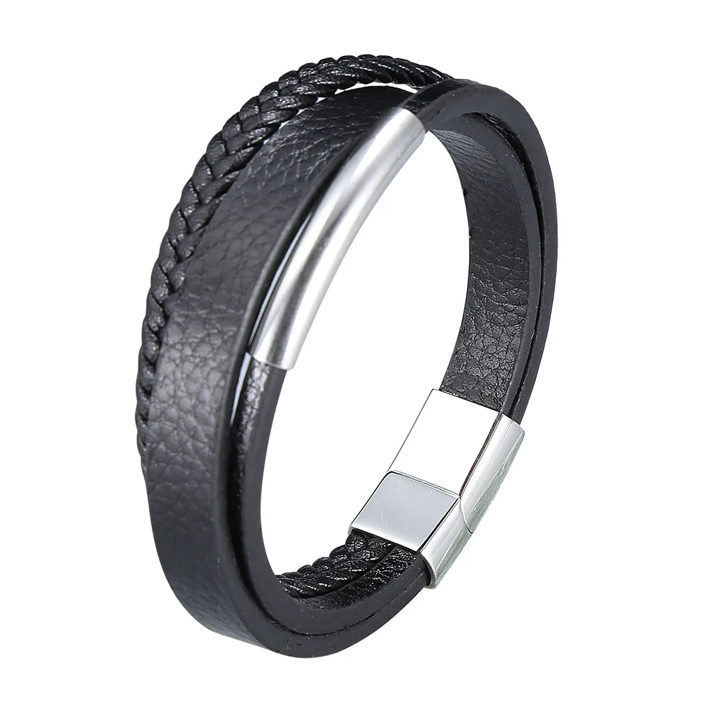 

Hot Selling OEM Manufacturer Stainless Steel Jewelry Magnetic Buckle Brown Flat Leather Men Bracelet