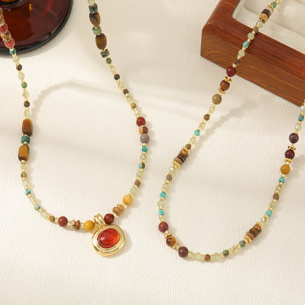 Fashion Red Agate Egg Yolk Picture Stone Handmade Pendant Beaded Boho Necklace