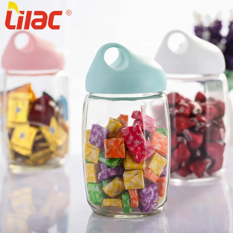 

Lilac FREE Sample 300ml/500ml/800ml/500 ml fancy hermetic storage container transparent glass cute cookie jars with colored lid, Pink/blue/green