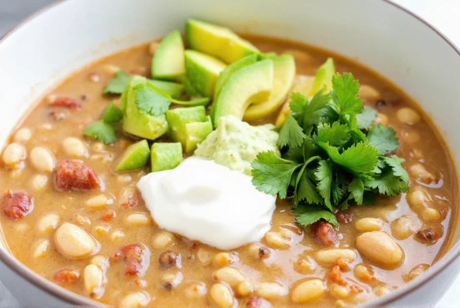 Finished white chicken chili in Instant Pot bowl with toppings including avocado, cilantro, and sour cream