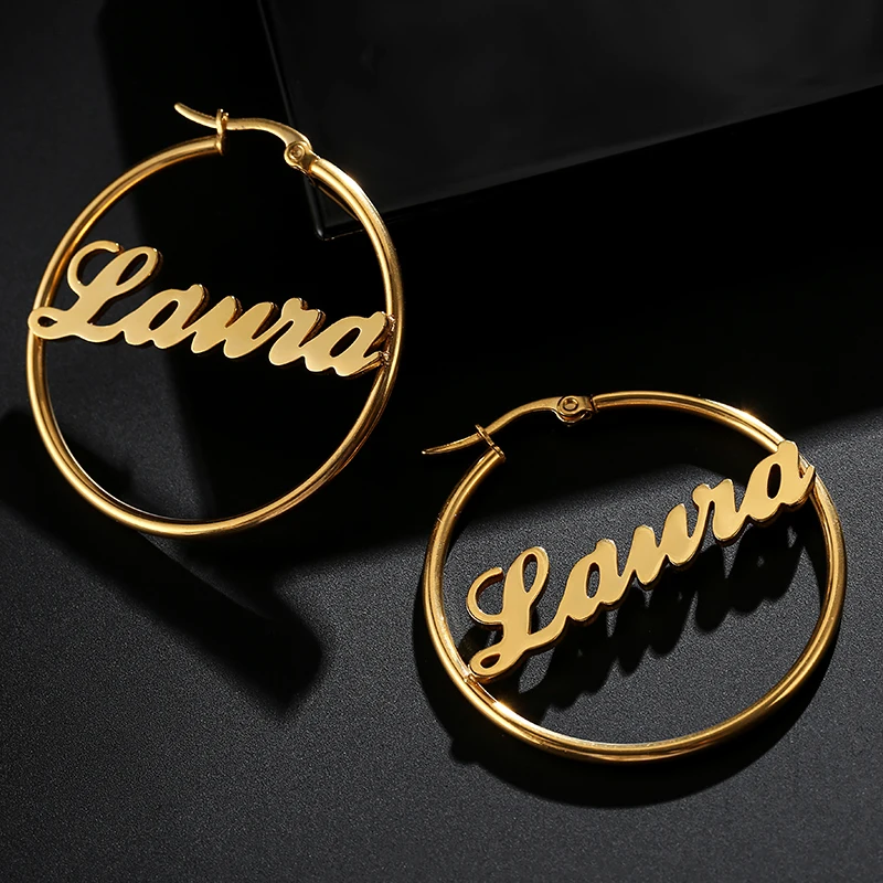 

Stainless Steel 18K Gold Plated Big Round Custom Hoop Name Earings For Women