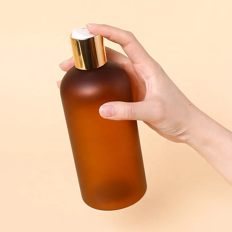 

16oz 500ml Amber PET Plastic Refillable Bottles with Gold Disc Top Cap Reusable Container for Shampoo Lotions Cream