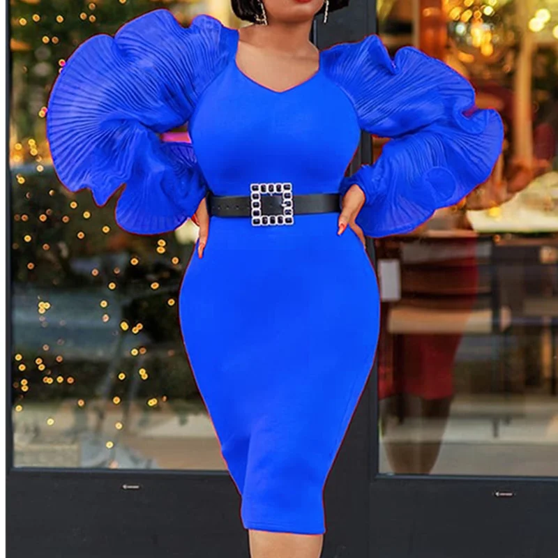 Slim Pencil V-neck Bodycon Blue Butterfly Sleeve Lady Party Club Dress