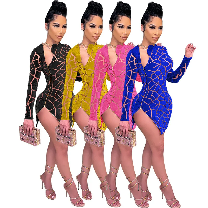 

Fashion dresses 2021 women Solid Color Hollow out long sleeve dress zipper night dress sexy women