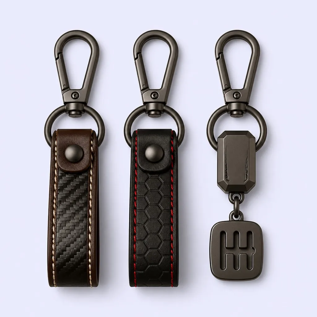 Automotive keychain lineup in carbon leather, honeycomb leather and gear-shift metal