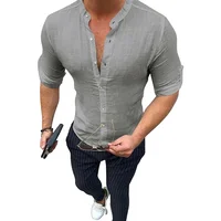 

Hot sale solid color white tops cotton linen shirt for men long sleeve casual