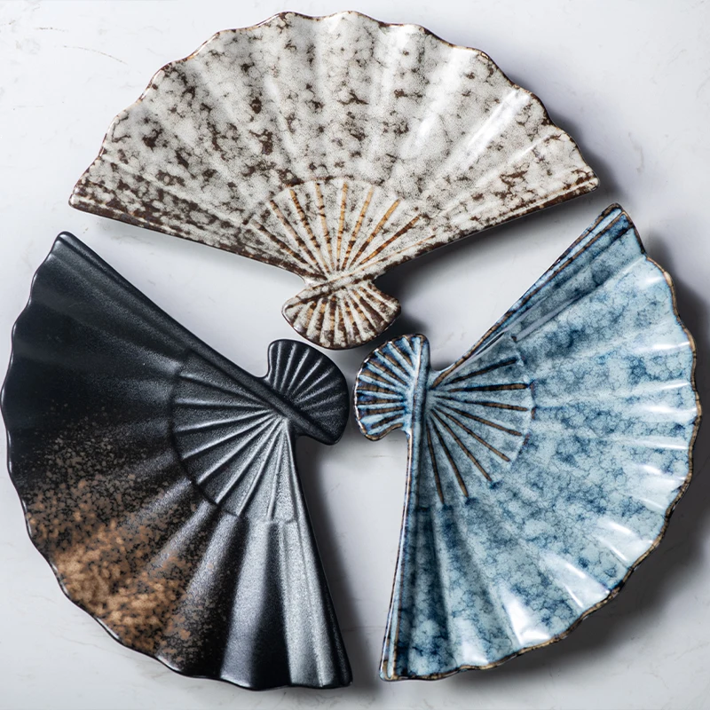 

New Design Japanese-Style Asian Themed Artistic Appetizer Sushi Dessert Colorful Glaze Folding Fan Shaped Dinner Plate Set, Black/white/brown/blue