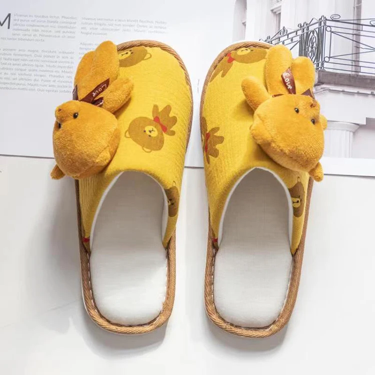 

Cute teddy bear women's home cotton jersey breathable soft bottom slippers non-slip women slipper, Light brown, dark brown, white pink purple