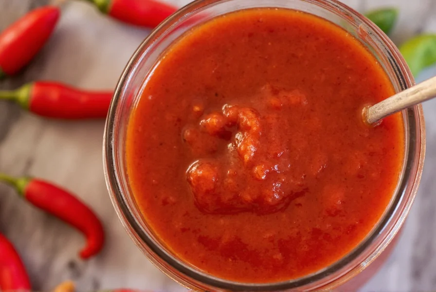 Close-up of homemade sweet chili sauce in glass bottle with fresh red chilies and garlic