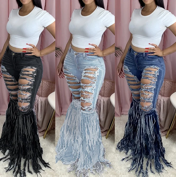 

New Style 2020 Design Ladies Tassel Ripped Jean Fashion Summer Women Flare Jeans XXL Pants, Black,dark blue,light blue