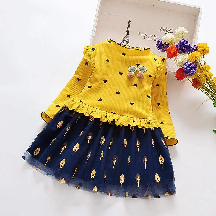 

Baby Kids Children Little Girl Heart Pattern Skirt Long Sleeve Floral Stitching Dress, White, yellow, red, pink