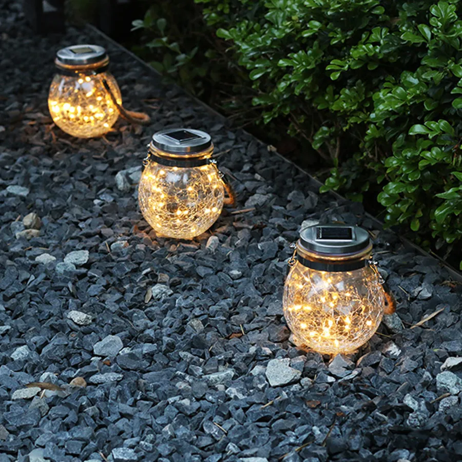 2020 Amazon Hot Selling Crack Glass Bottle Mason Jar Solar Garden Light Hemp Rope Hanging Light