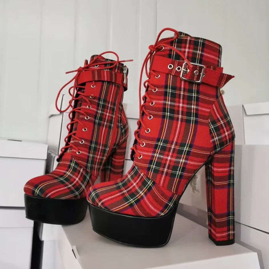 

2020 Autumn Plaid Print Buckle Strap Round Toe Platform Big Size Women Short Booty Chunky Heel Front Lace Up Ladies Ankle Boots, Red
