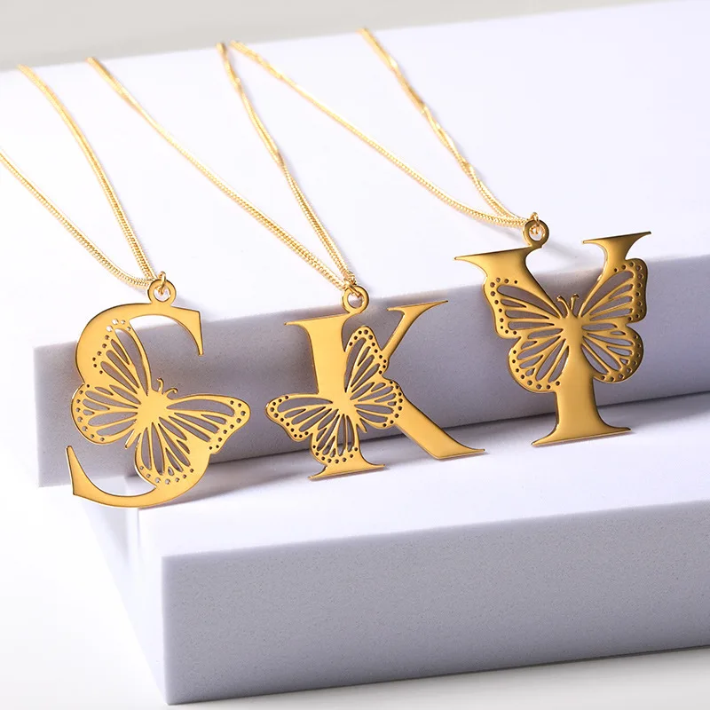 

New Statement 18k Gold Plated Stainless Steel Butterfly Letter Pendant Necklace Women Fashion Hollow Alphabet Necklace