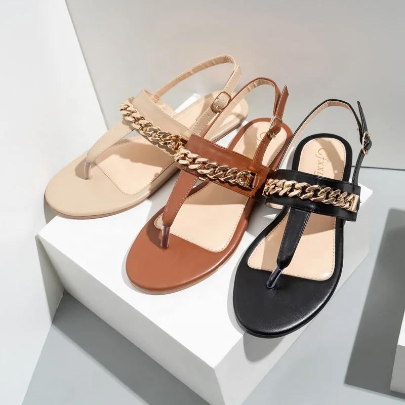 

New 2021 summer women's fashion leisure pu round T strap slippers flat shoes chain sandals