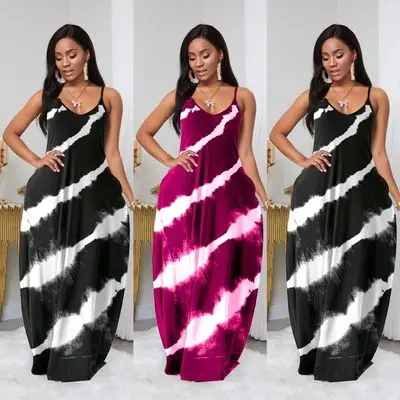 

New Trendy Women Tie-dye plus size dress Summer fashion sexy U-neck Sling maxi Dress, As picture or customized make