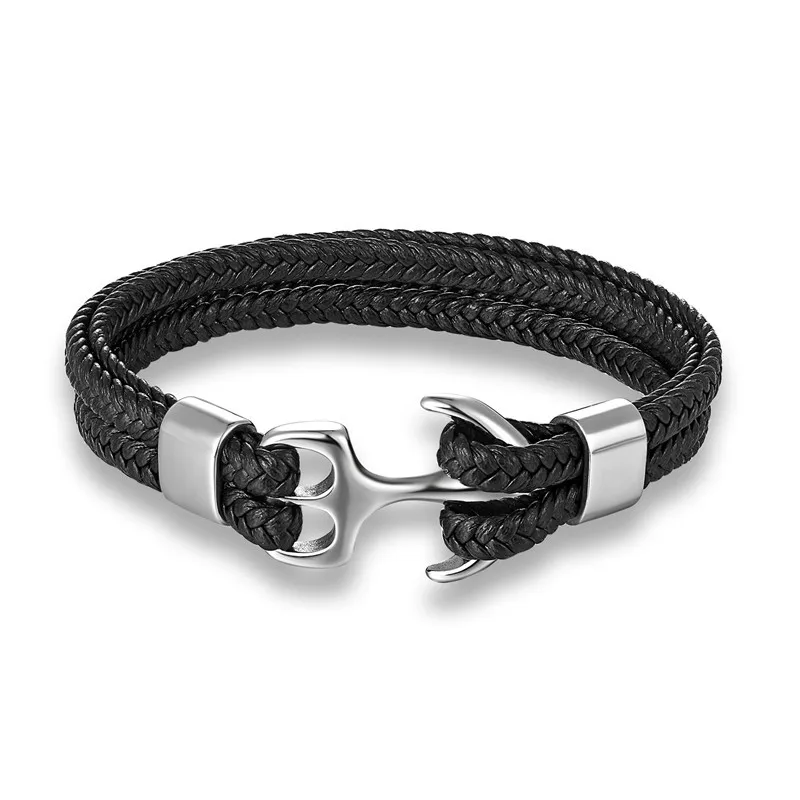 

Stainless Steel Anchor Clasp Hook Double Layer Weave Genuine Leather Bracelet for Men, Black