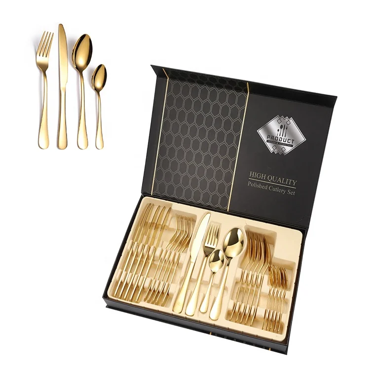 

Stainless Steel cutleri 304 Gold 24 piece Luxury Flatware Golden reusable Utensils spoon and fork 24Pcs gift box Cutlery Set