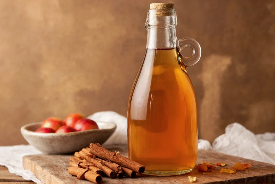 Close-up of apple cider vinegar bottle and cinnamon sticks on wooden table