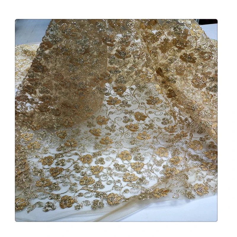 

2021 hot style Golden Yellow luxury african lace fabric nigerian lace net fabric embroideryed fabric for women dress, Accept customized color
