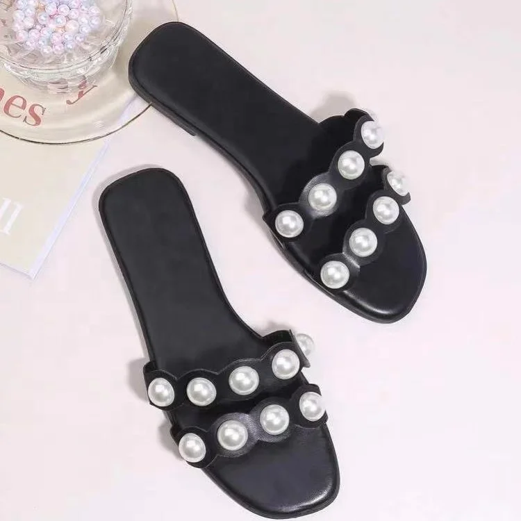 

2021 New Arrivals Women Sandals Outdoor Trending Casual Pearl Shoes Wholesale Ladies Slide Fashion Flip Flops Sexy Flat Slippers