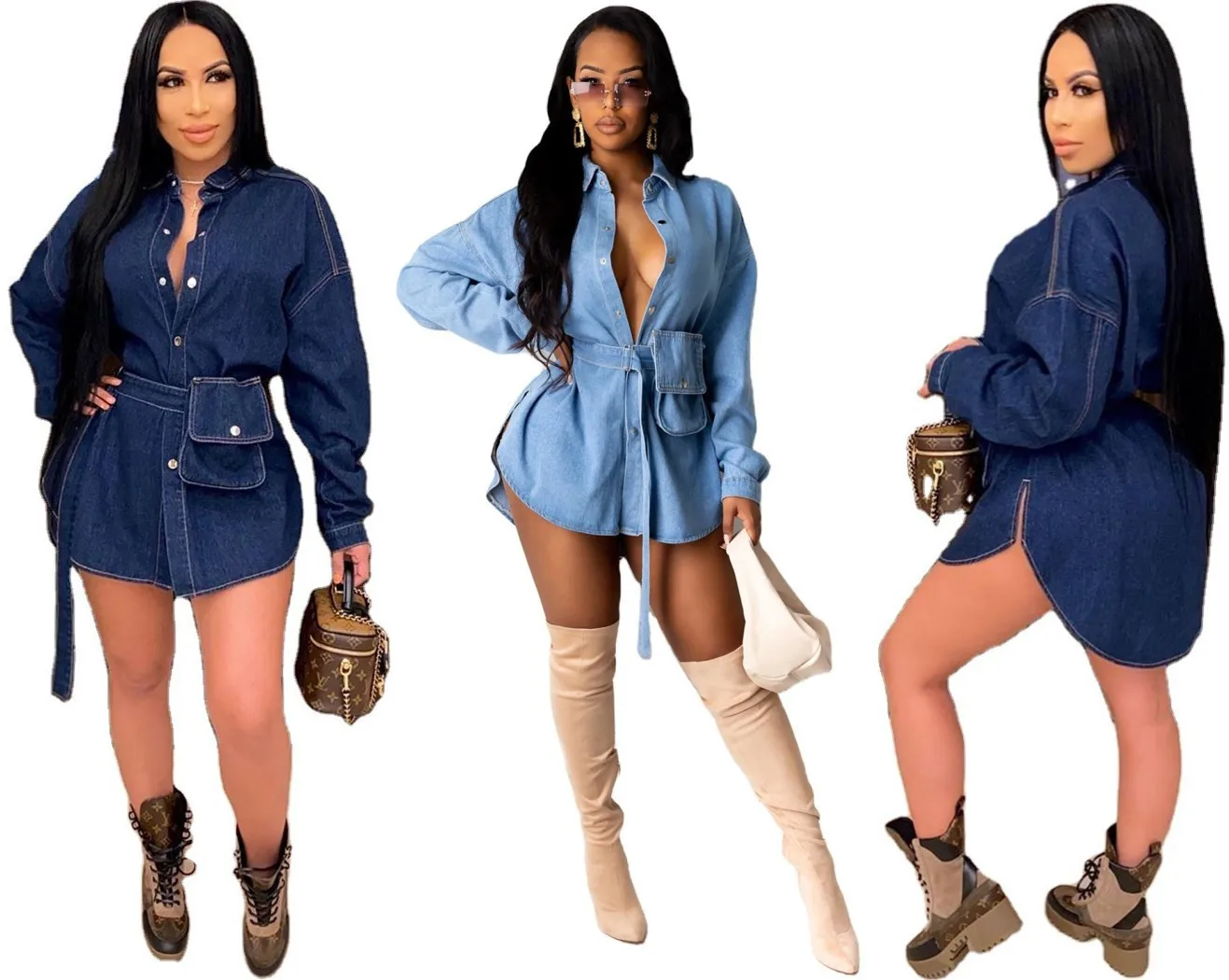 

Sexy denim Shirt dress with slits on both sides and belt Long Sleeve Distressed Jean Dress Button Down Casual Tunic Top