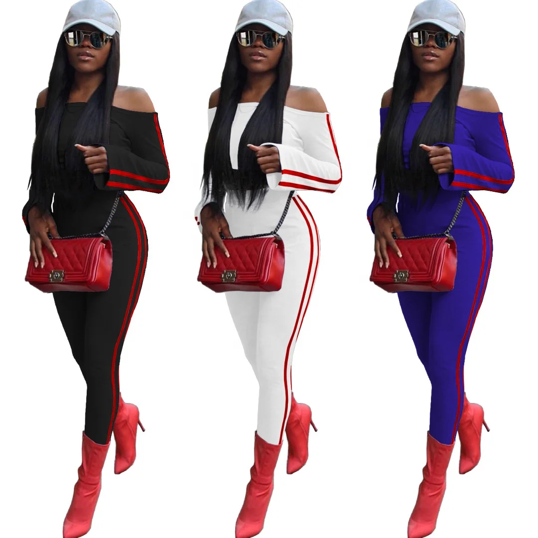 

Manufactured Autumn winter fall 2021 women clothes fashion fall set woman off shoulder two piece pants set women, White/black/royal blue