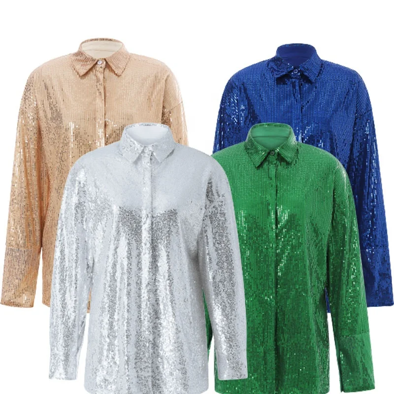 

Sequins Blouse Shirts Long Sleeve Top Button Up Shirt Y2K Vintage Women Clothing Club Party Glitter Top Female Collared Shirt