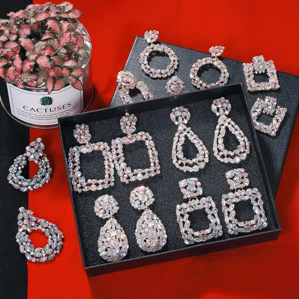 

Barlaycs 2021 Fashion Luxury Bridal Geometric Crystal Pearl Hoop Stud Drop Dangle Earrings Set for Women Jewelry, Sliver