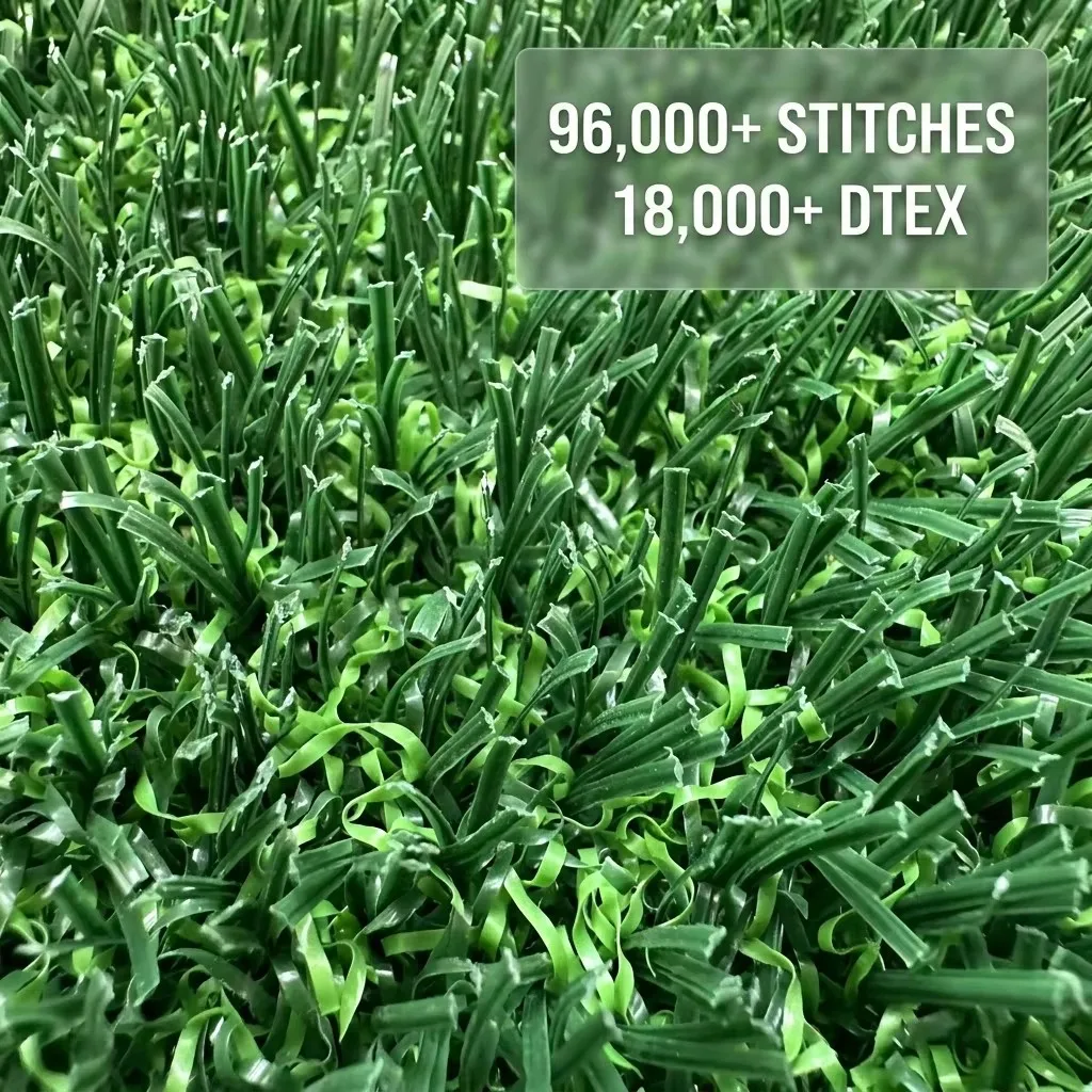 Close-up of non-infill football turf with 96,000+ stitches and 18,000+ dtex
