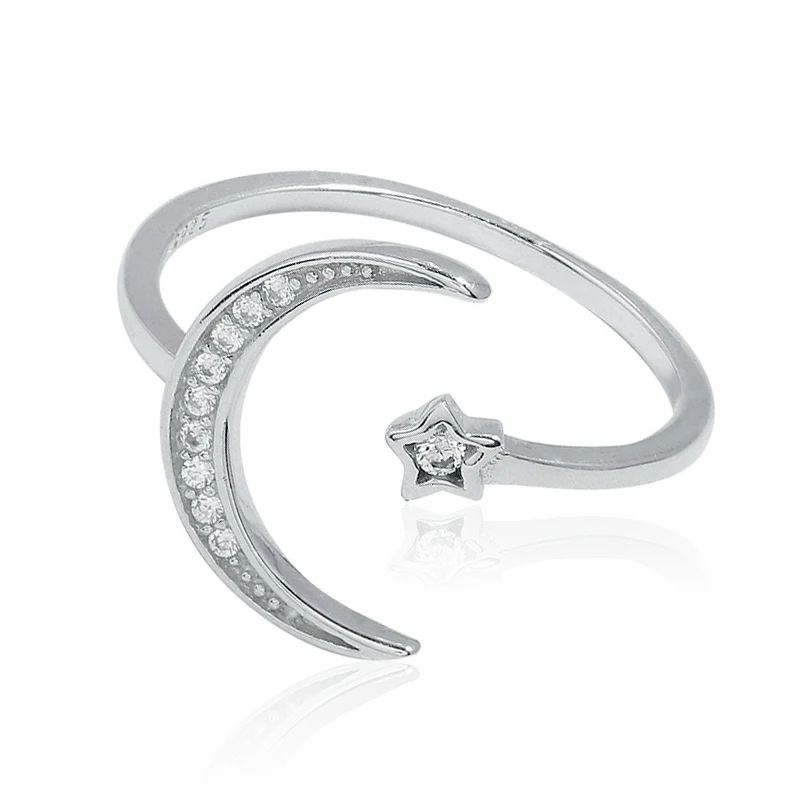 

R1765 Creative Moon And Star Signet Adjustable 925 Sterling Silver Ring