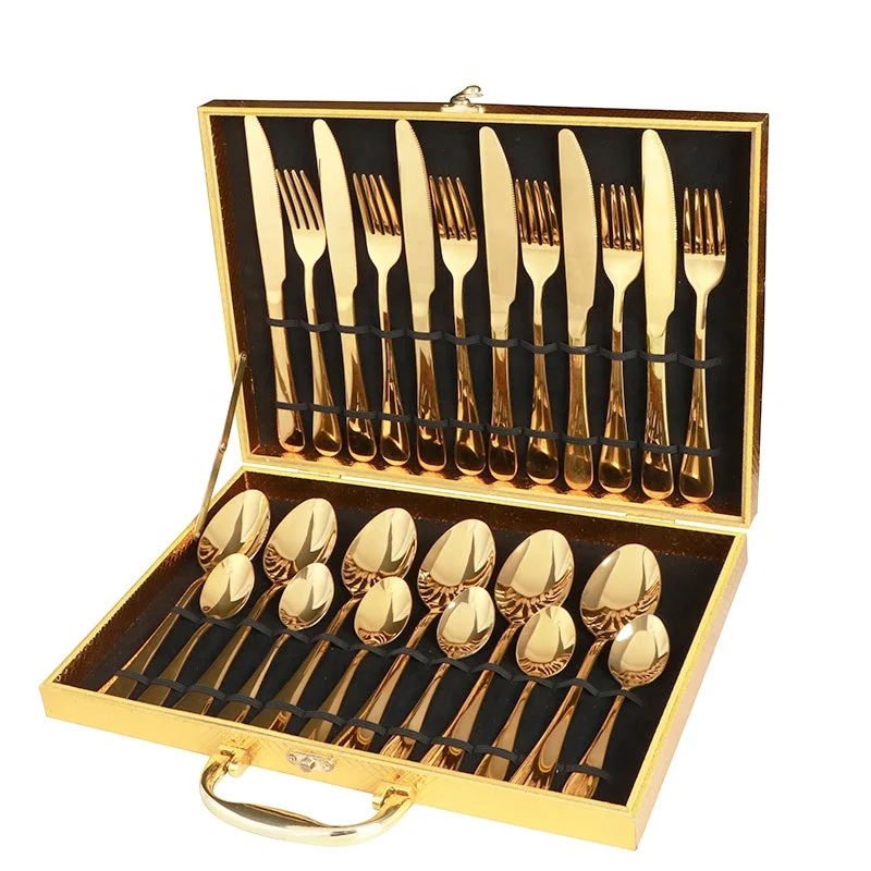 

factory wholesale best price 24pcs golden cutlery set stainless steel Knife Fork Spoon gold flatware cubiertos with gift Box
