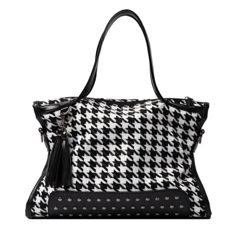 

Handbag Wholesale Monogram Personalized Zipper Stylish Vegan Geometric PU Leather Woollen Cloth Rivet Tote Bag With Tassels, As pics show