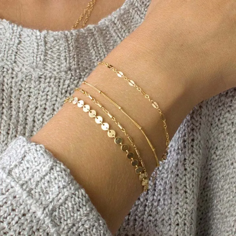

4pcs / Set New Bohemia Bracelet Set Multilayer Gold Silver Color Coin Chain Bracelets for Women Bracelets