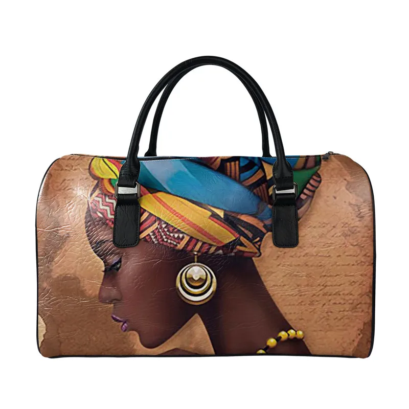 

African Girl Art Printed Ladies Customize organizer brown leather travel bags and luggages for girls