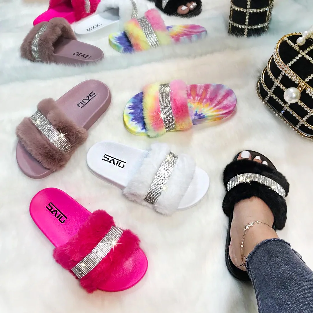

Low MOQ wholesale fur slippers rainbow women faux fur indoor cotton slippers lady winter warm colorful plush non slip sandals