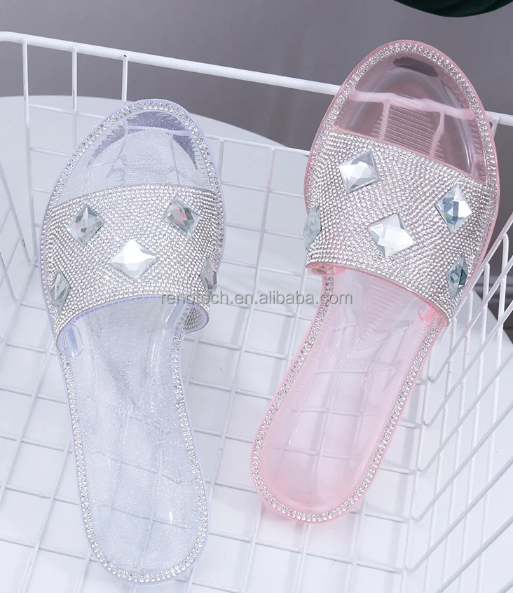 

2021 Fashion Daily Life Rainbow Rhinestone Clear Jelly Ladies Slides High Quality Crystal Slipper Women's Diamond Sandals, Pink/black/red/blue/beige/transparent
