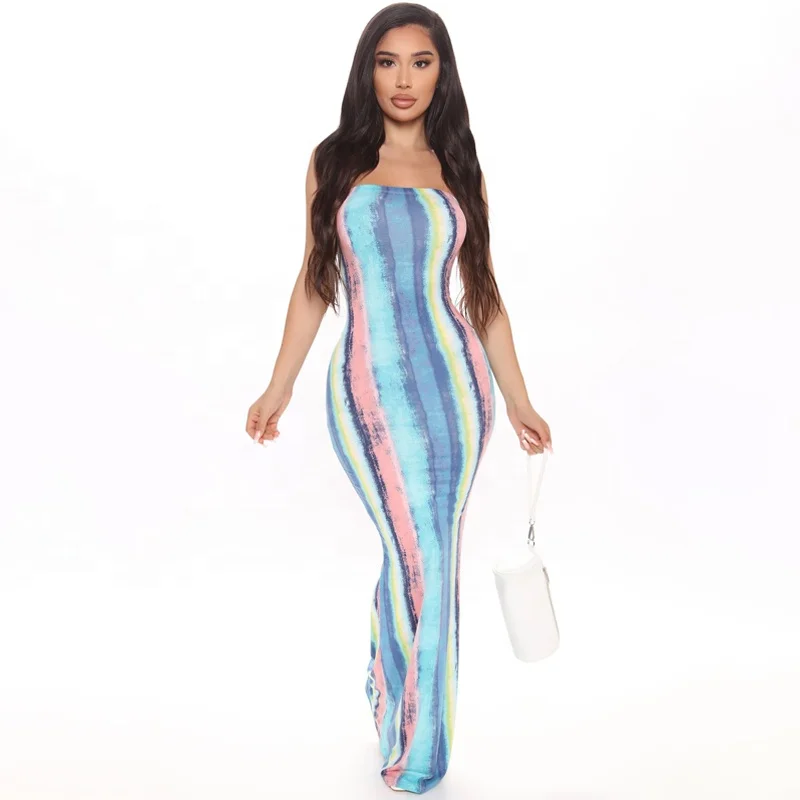 

2021 New Arrivals Colorful Fashion Off Shoulder Sleeveless Bodycon Dress Sexy Party Striped Maxi Dresses