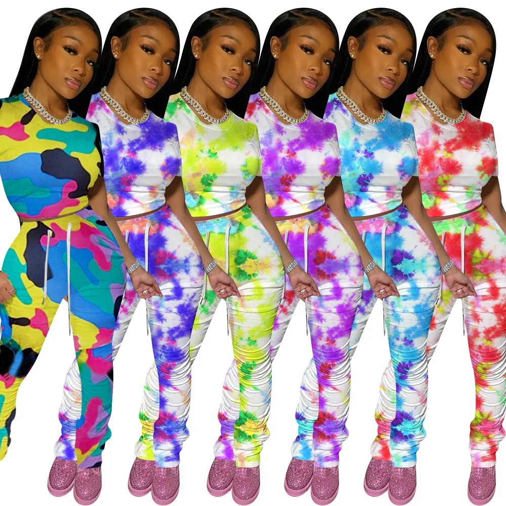 

New fashion casual suit tie-dye casual suit pants two sides ruffled T-shirt suit